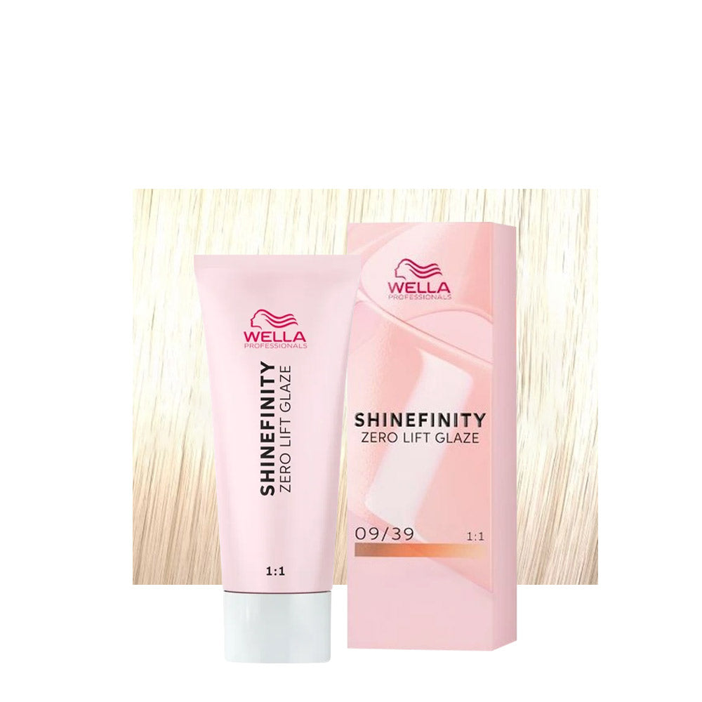 Wella Shinefinity Color Glaze 09/39 biondo chiarissimo dorato cendré — tubo 60 ml e ciocca colorata