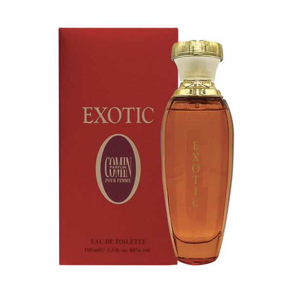 Comin Parfum Exotic Eau de Toilette 100 ml, flacone ambrato e confezione rossa del profumo da donna