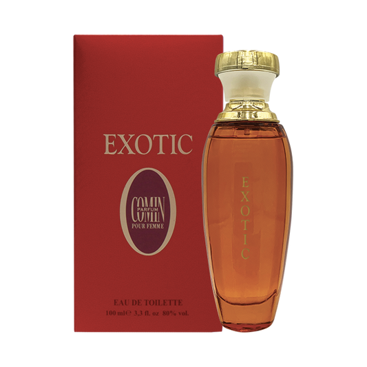 Comin Parfum Exotic Eau de Toilette 100 ml, flacone ambrato e confezione rossa del profumo da donna