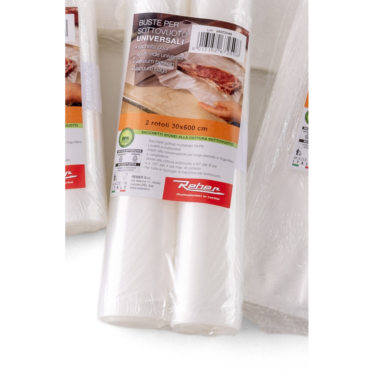 Confezione Reber 2 rotoli 30x600 cm per sottovuoto, con etichetta BPA free e cottura sottovuoto