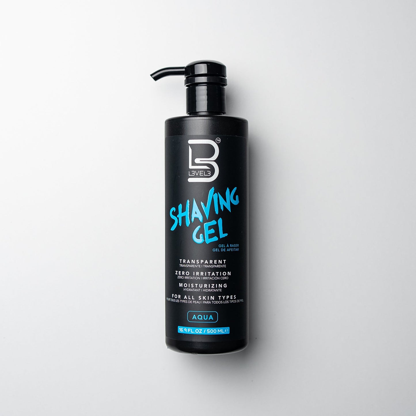 L3VEL3 Shaving Gel, gel da rasatura trasparente — formato 500 ml, profumazione Aqua