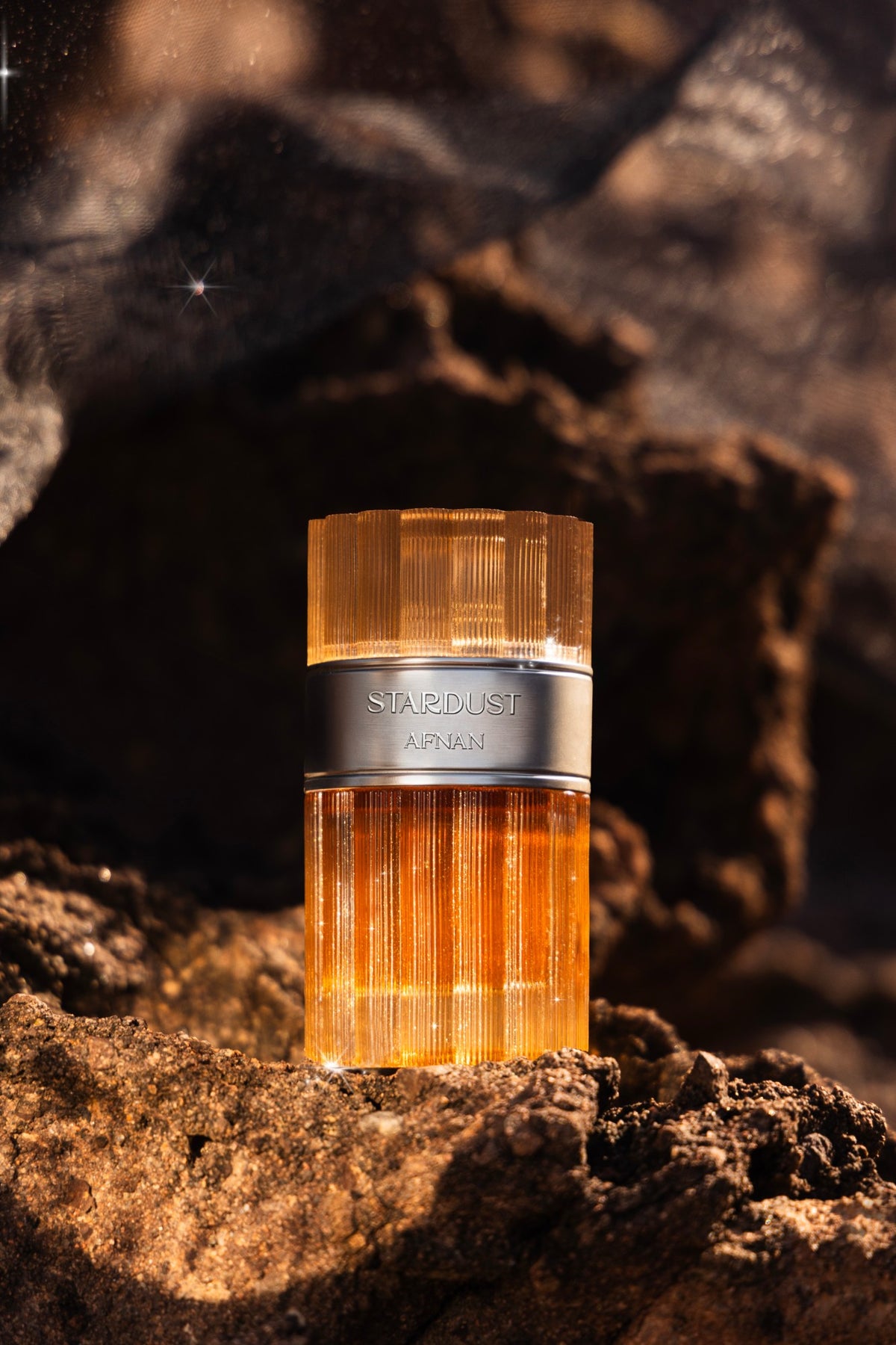 Afnan Stardust Extrait de Parfum 100 ml sulla roccia, flacone controluce