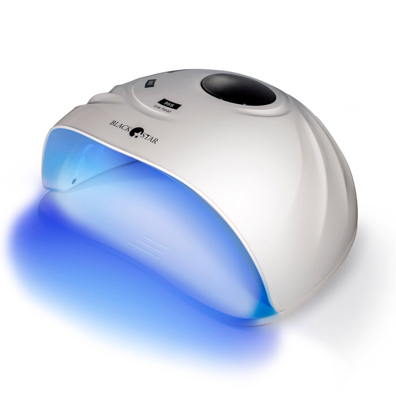 Lampada Black Star BRIA accesa, con i 45 LED interni che illuminano di blu la cavità