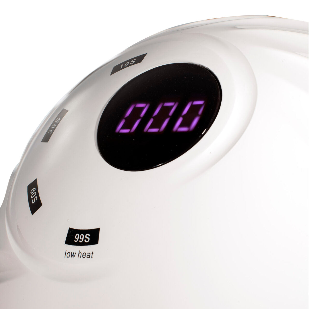 Dettaglio del pannello comandi della lampada BRIA: display e tasti timer 10S, 30S, 60S e 99S low heat