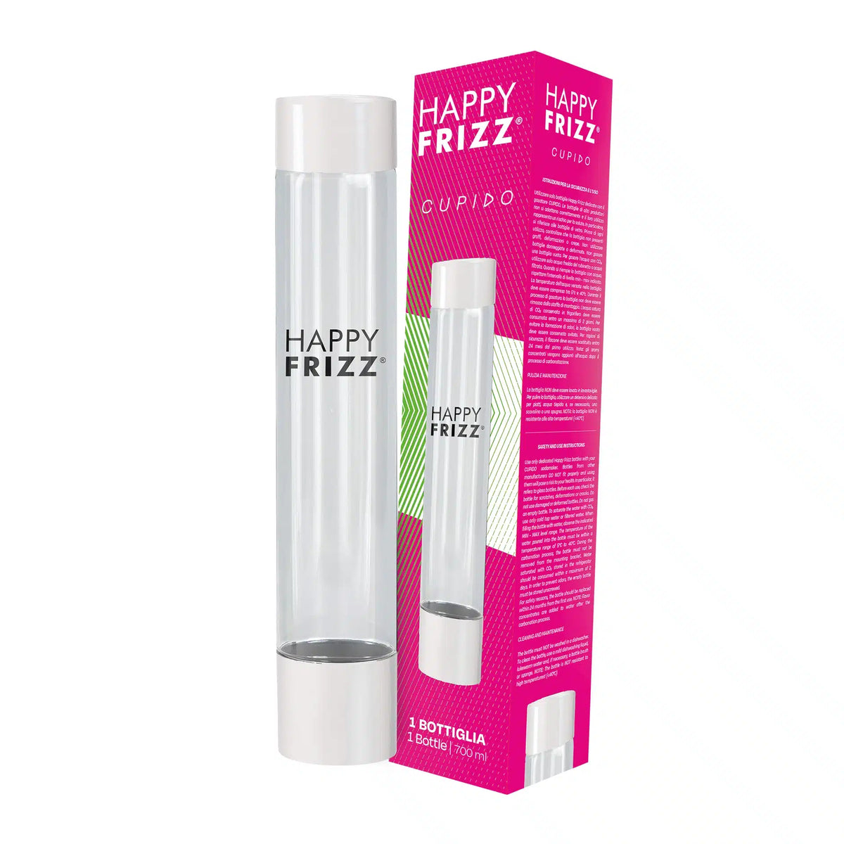 Bottiglia per gasatore Happy Frizz Cupido da 700 ml, bianca, con la sua confezione