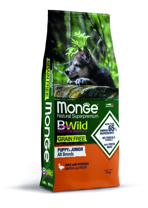 Monge BWild Grain Free All Breeds Puppy & Junior Anatra con patate — sacco da 12 kg