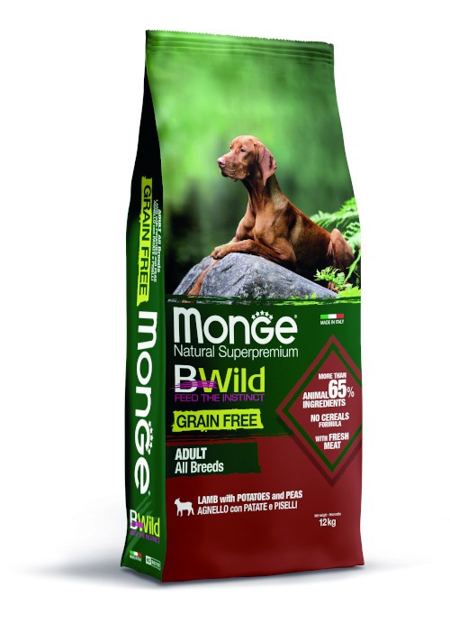 Monge BWild Grain Free All Breeds Adult Agnello con patate e piselli — sacco da 12 kg