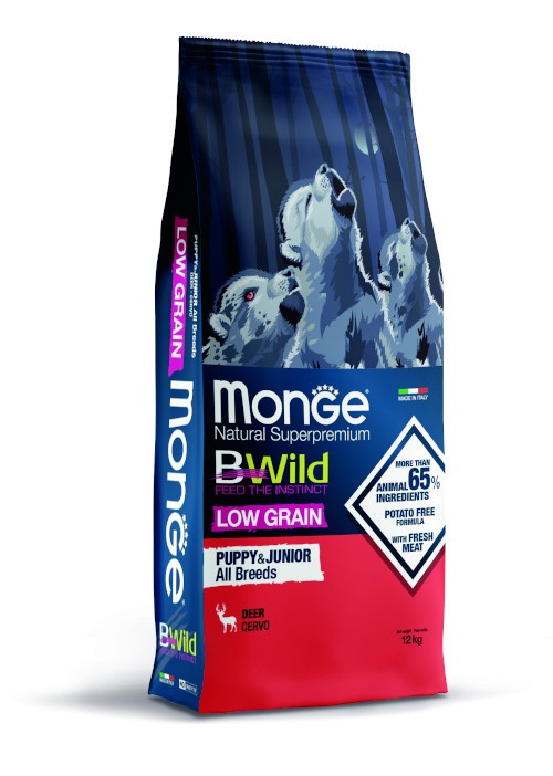 Monge BWild Low Grain All Breeds Puppy & Junior Cervo — sacco da 12 kg