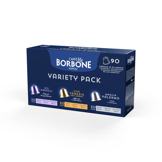Kit degustazione Caffè Borbone Variety Pack: scatola con 90 capsule in alluminio compatibili Nespresso, 30 Mia Napoli, 30 Ciao Venezia e 30 Magica Palermo