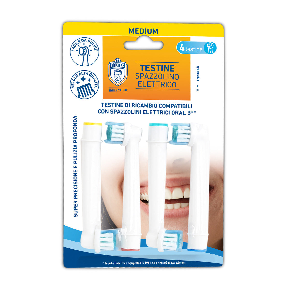 Confezione Dr. Protec con 4 testine di ricambio per spazzolino elettrico compatibili Oral-B, setole medie