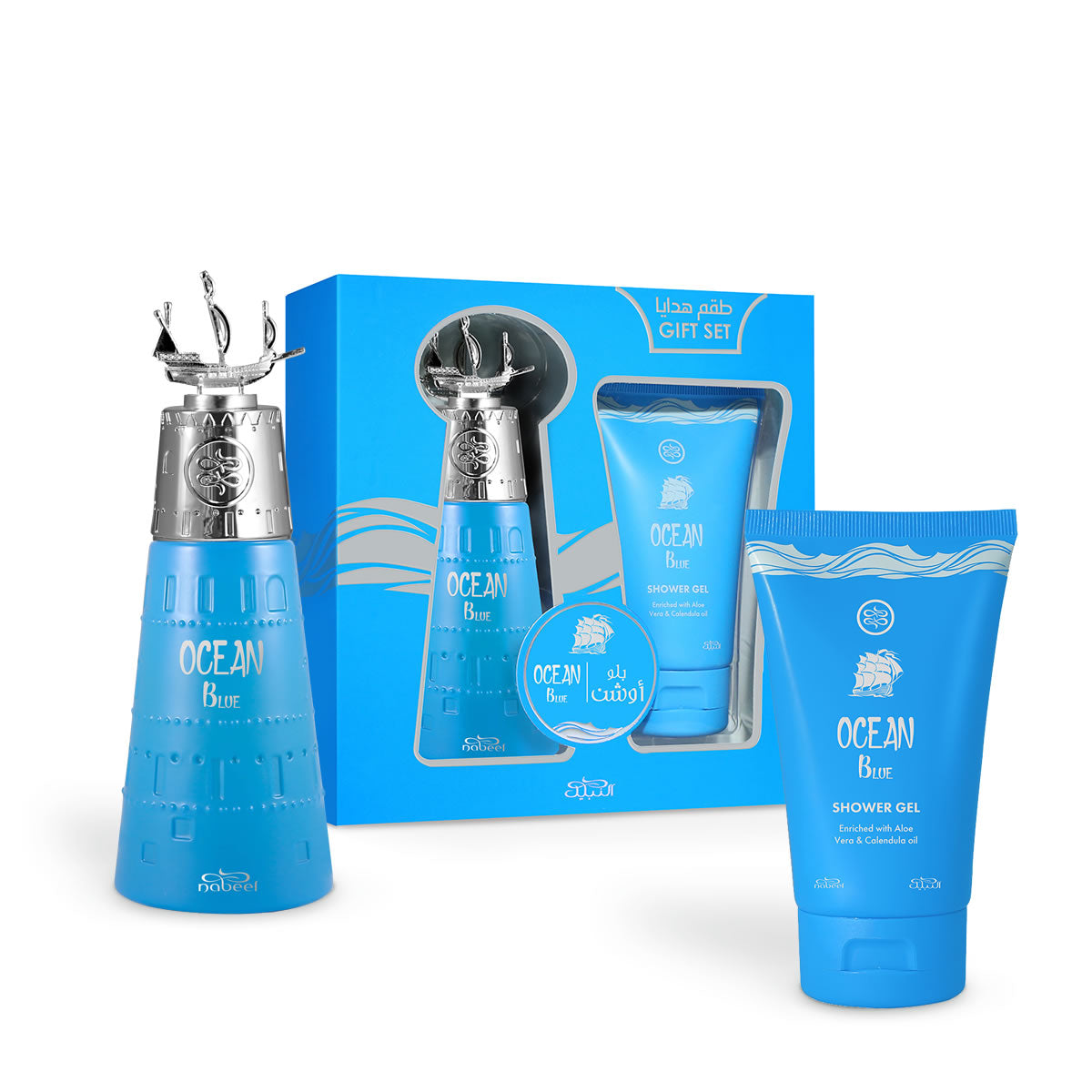 Cofanetto regalo Nabeel Ocean Blue: Eau de Parfum 100 ml e gel doccia 125 ml con la scatola Gift Set azzurra