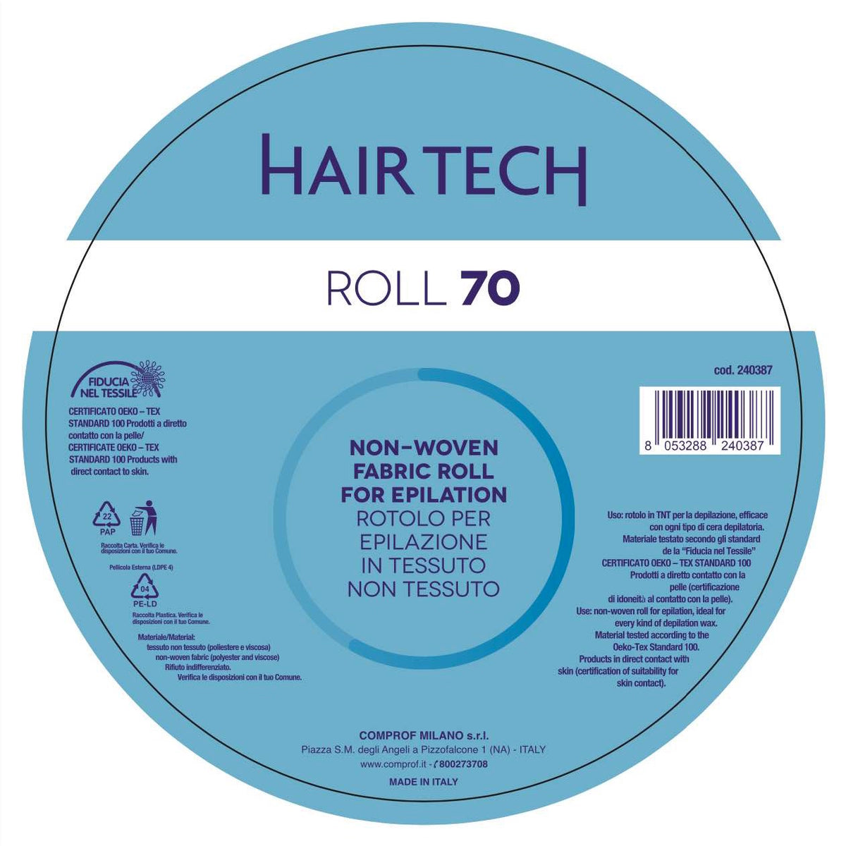 Hair Tech Roll 70, etichetta del rotolo in tessuto non tessuto per epilazione