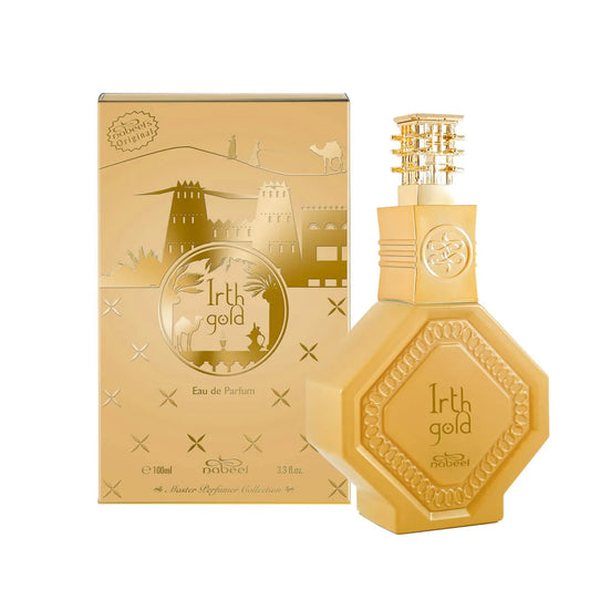 Flacone e confezione di Nabeel Irth Gold Eau de Parfum da 100 ml