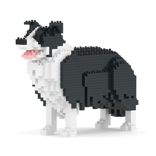 Scultura Jekca Border Collie bianco e nero in mattoncini, vista di profilo