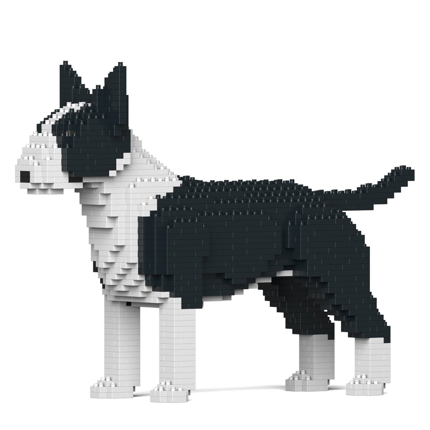 Scultura Jekca Bull Terrier bianco e nero in mattoncini, vista di profilo