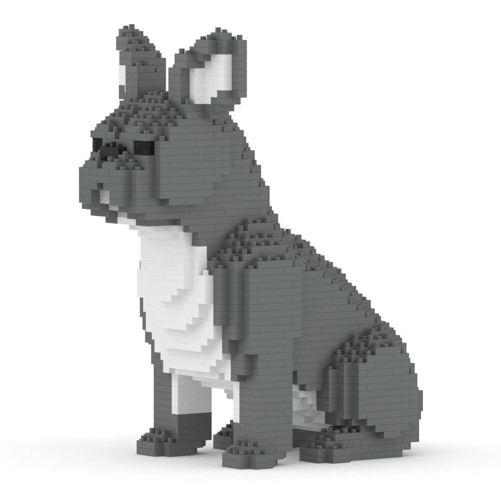 Scultura Jekca Bulldog Francese grigio seduto in mattoncini, vista frontale