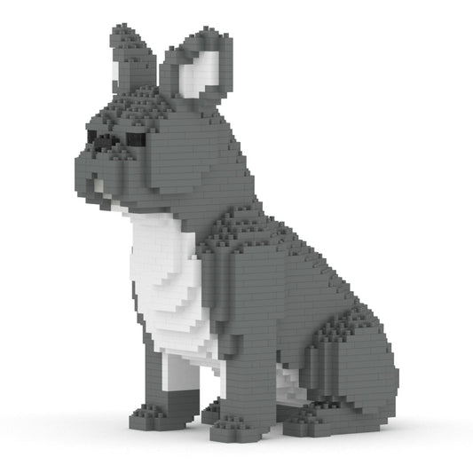 Scultura Jekca Bulldog Francese grigio seduto in mattoncini, vista frontale