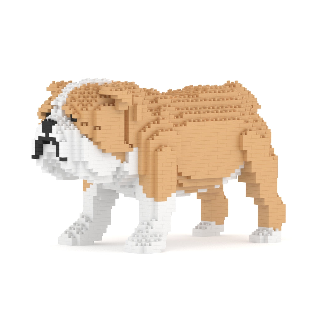 Scultura Jekca Bulldog Inglese fulvo e bianco in mattoncini, vista di profilo