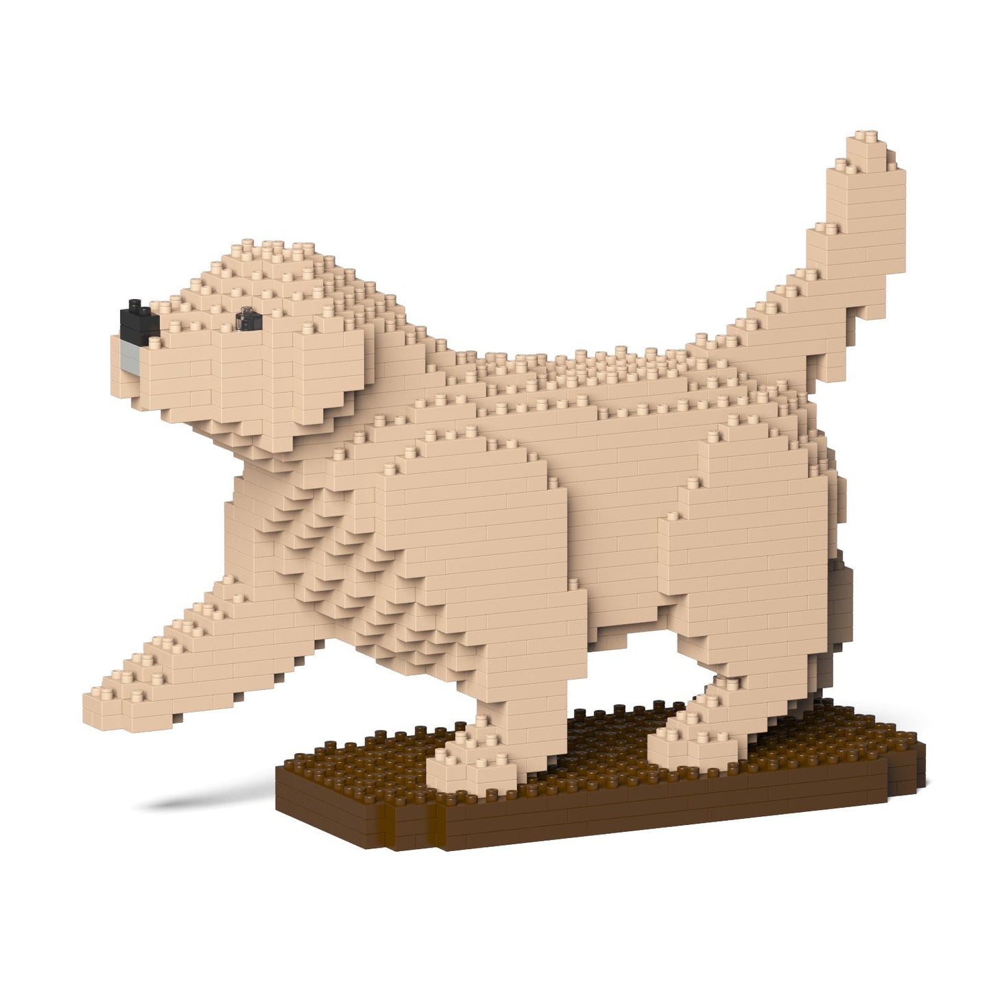 Scultura Jekca Golden Retriever cucciolo in mattoncini color crema, vista di profilo
