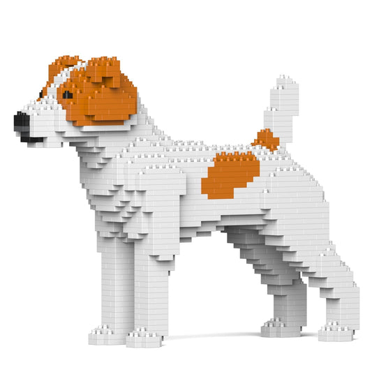 Scultura Jekca Jack Russell Terrier bianco e fulvo in mattoncini, vista di profilo