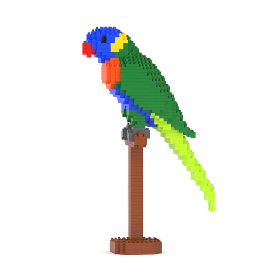 Scultura Jekca lorichetto arcobaleno su trespolo in mattoncini, vista di profilo