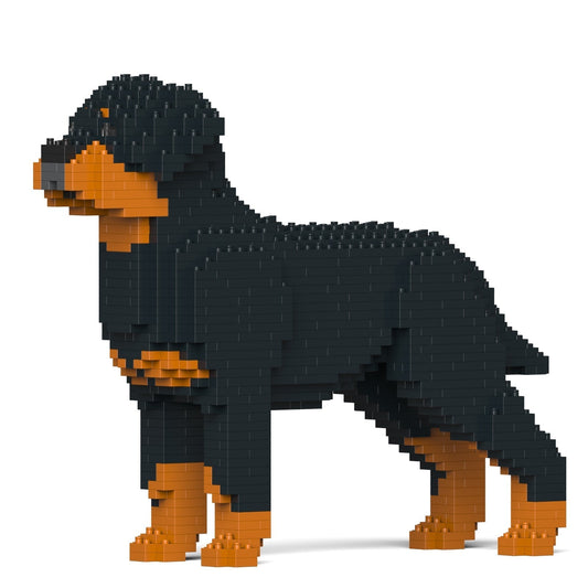 Scultura Jekca Rottweiler nero focato in mattoncini, vista di profilo