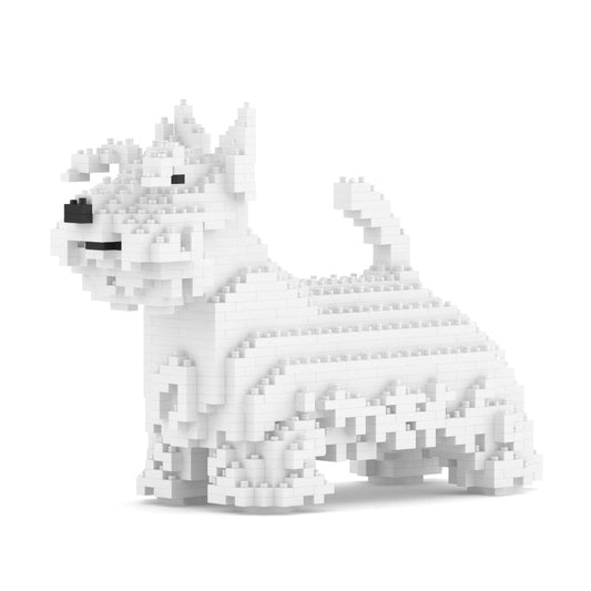 Scultura Jekca Scottish Terrier bianco in mattoncini, vista di profilo