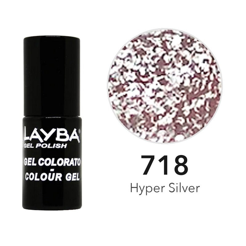 Layba Gel Polish 718 Hyper Silver — flacone e colore