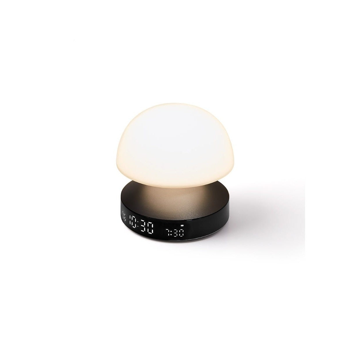 Lexon Mina Sunrise sveglia con luce dell'alba gun metal, vista di tre quarti