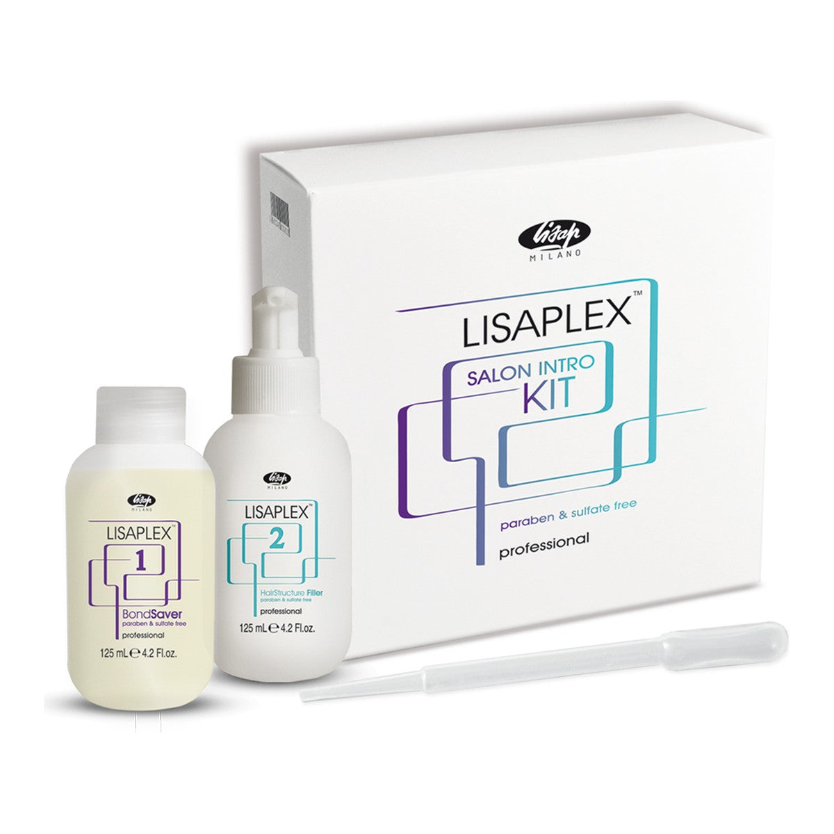 Lisaplex Salon Intro Kit di Lisap Milano: confezione con Bond Saver 1 e Hair Structure Filler 2 da 125 ml e pipetta