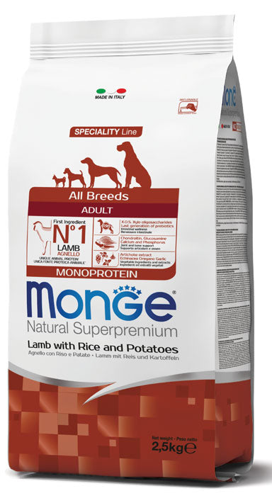 Monge Natural Superpremium All Breeds Adult Monoprotein Agnello con Riso e Patate — sacco da 12 kg