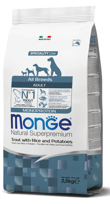 Monge Natural Superpremium All Breeds Adult Monoprotein Trota con Riso e Patate — sacco da 12 kg