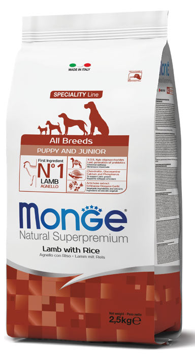 Monge Natural Superpremium All Breeds Puppy & Junior Agnello con Riso — sacco da 12 kg