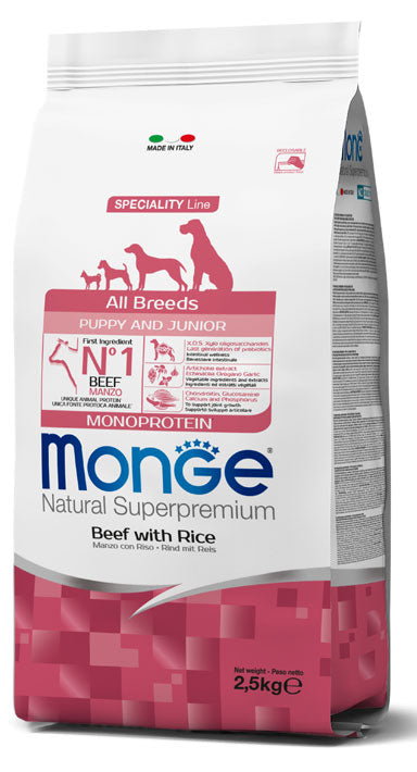 Monge Natural Superpremium All Breeds Puppy & Junior Monoprotein Manzo con Riso — sacco da 12 kg