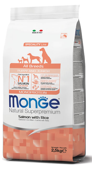 Monge Natural Superpremium All Breeds Puppy & Junior Monoprotein Salmone con Riso — sacco da 12 kg