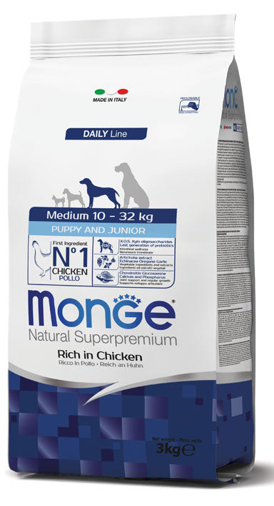 Monge Natural Superpremium Medium Puppy & Junior Ricco in Pollo — sacco da 12 kg