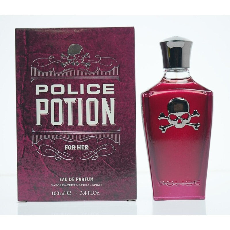 Police Potion for Her Eau de Parfum donna, flacone rosso bordeaux con teschio e confezione