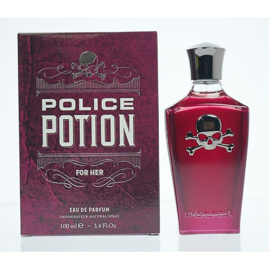 Police Potion for Her Eau de Parfum donna, flacone rosso bordeaux con teschio e confezione