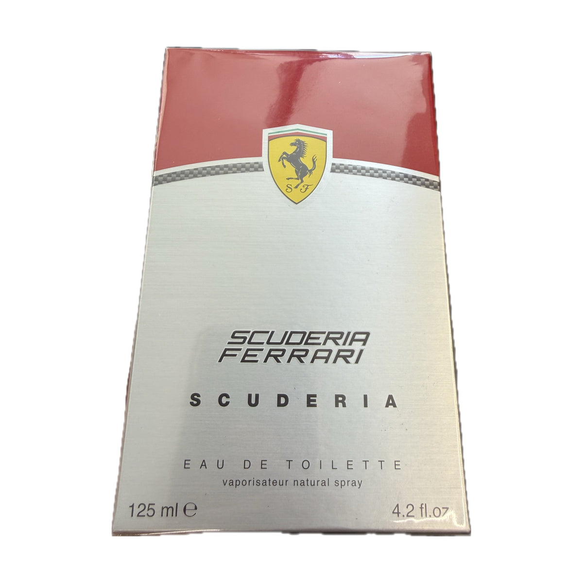 Scuderia Ferrari Eau de Toilette 125 ml, confezione rossa e argento con lo scudetto Ferrari