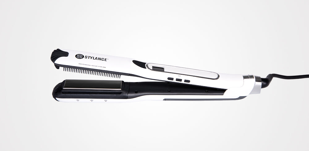 Piastra a vapore Stylance Steam Plus Mini Pro 2.0 aperta, con pettine estraibile e cavo girevole