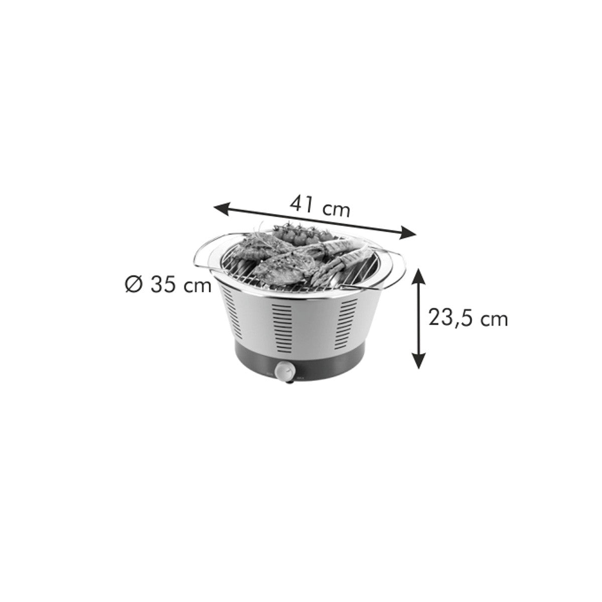 Misure del barbecue da tavolo Tescoma Party Time: diametro 35 cm, 41 cm con le impugnature