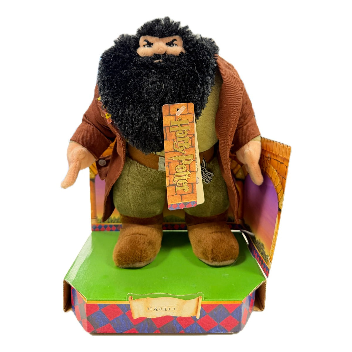 Peluche Trudi Hagrid con cappotto marrone e barba nera nell'espositore originale Harry Potter con la targhetta Hagrid