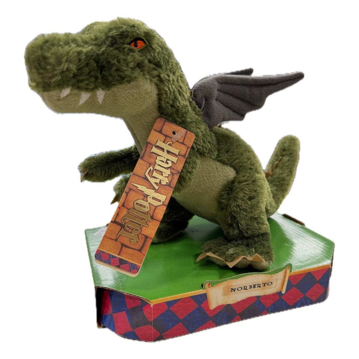 Peluche Trudi Norberto, drago verde con ali grigie nell'espositore originale Harry Potter con la targhetta Norberto