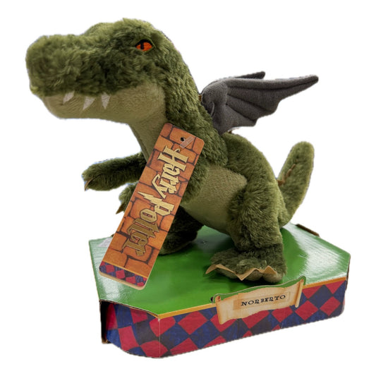 Peluche Trudi Norberto, drago verde con ali grigie nell'espositore originale Harry Potter con la targhetta Norberto