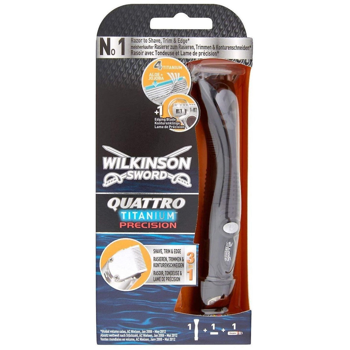 Wilkinson Sword Quattro Titanium Precision, rasoio 3 in 1 con rifinitore a batteria, nella confezione