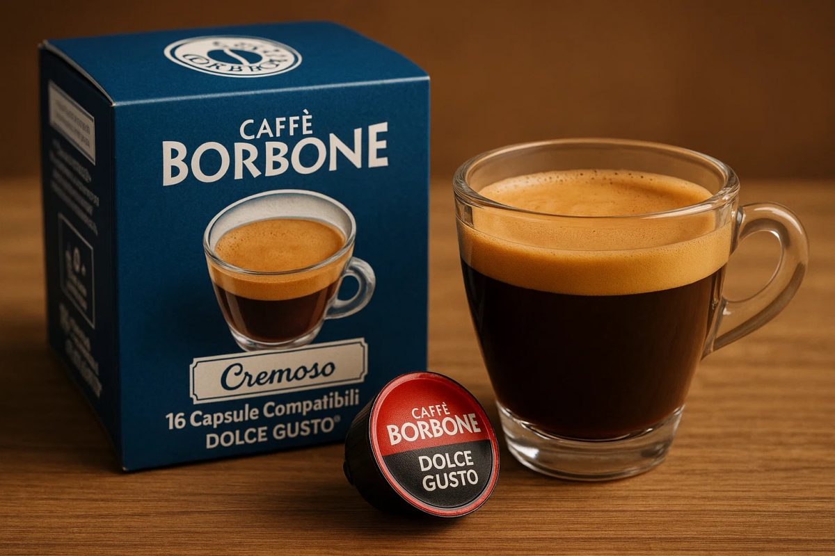 Dettaglio di una capsula di caffè cremoso con confezione Borbone