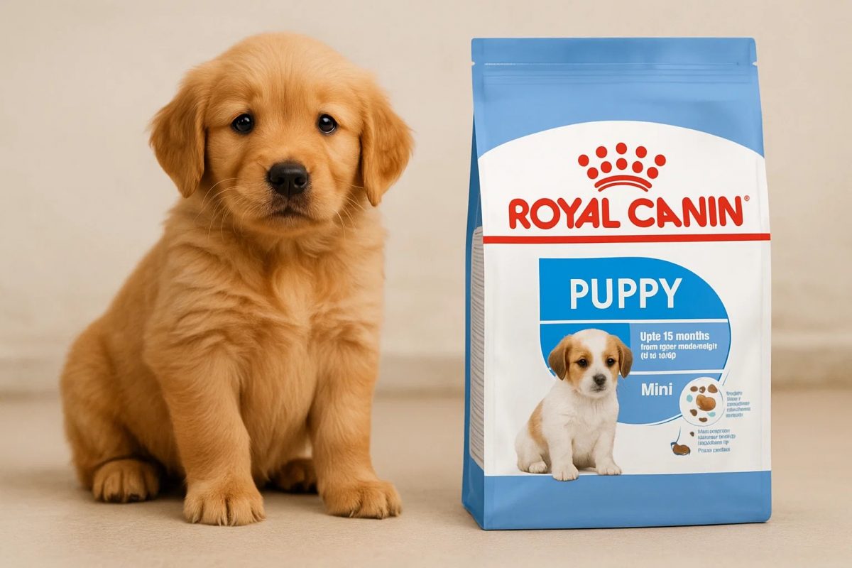 Cucciolo di cane felice accanto a una confezione Royal Canin Puppy